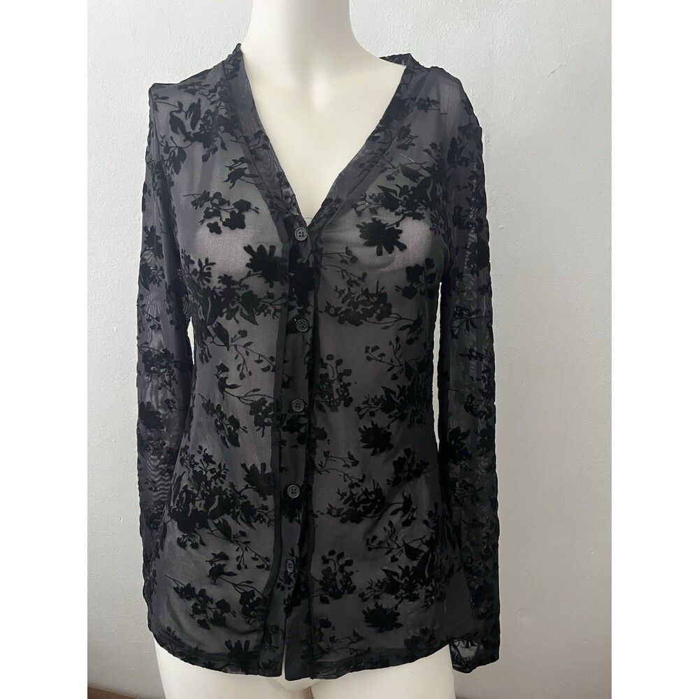Womens Dark Romantic Top Sz S Sheer Floral Long Sleeve Button Down Gothic Witchy